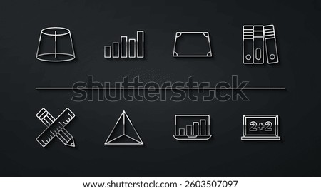 Set line Geometric figure, Crossed ruler and pencil, Office folders, Laptop with graph chart, Tetrahedron, Graph, schedule, diagram, Chalkboard and Acute trapezoid shape icon. Vector