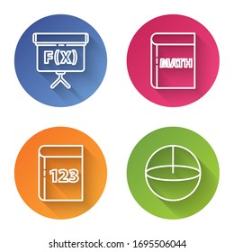 Set line Geometric figure Cube, Triangle math, Test or exam sheet and pen and Calculator. Color circle button. Vector