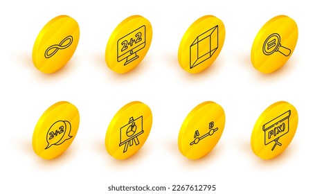 Set line Geometric figure Cube, Test or exam sheet, XYZ Coordinate system, Cone, Paper clip, Function mathematical symbol, Graph, schedule, chart, diagram and  icon. Vector