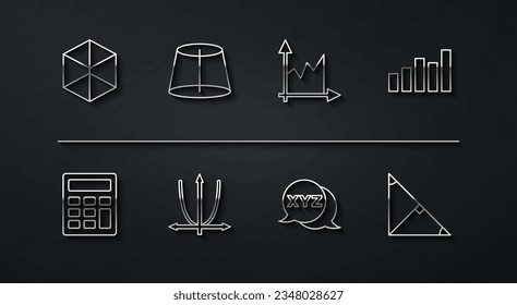 Set line Geometric figure Cube, Calculator, Graph, schedule, chart, diagram, XYZ Coordinate system, Angle bisector of triangle and  icon. Vector