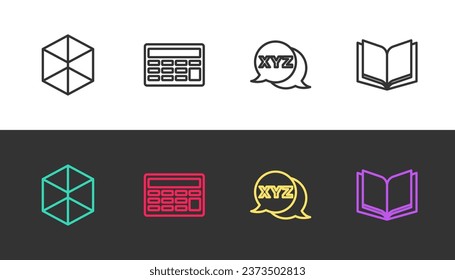 Set line Geometric figure Cube, Calculator, XYZ Coordinate system and Open book on black and white. Vector