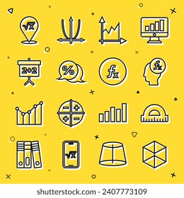 Set line Geometric figure Cube, Protractor, Function mathematical symbol, Graph, schedule, chart, diagram, Discount percent tag, Chalkboard, Square root of x glyph and  icon. Vector