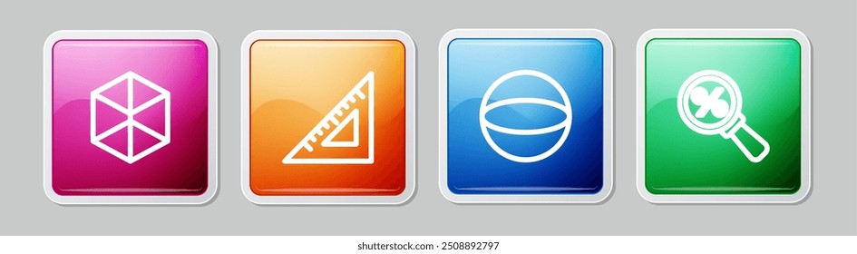 Set line Geometric figure Cube, Triangular ruler, Sphere and Magnifying glass with percent. Colorful square button. Vector