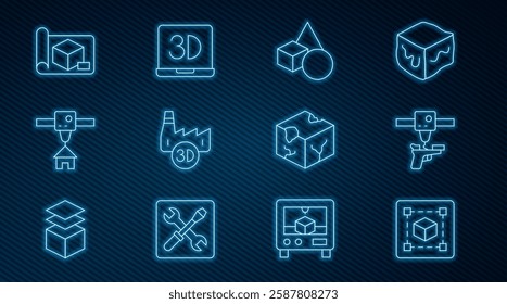 Set line Geometric figure Cube, 3D printer gun, Basic geometric shapes, Printing house industry, Graphing paper for engineering, Isometric cube and  icon. Vector