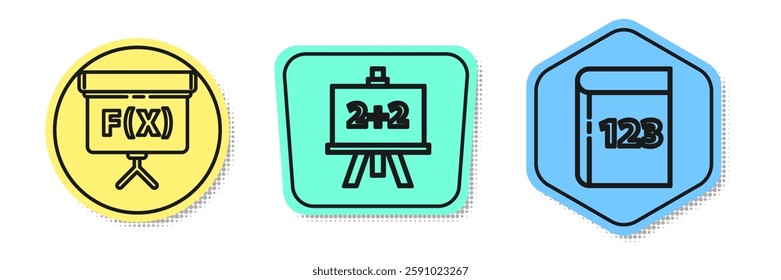 Set line Geometric figure Cube, Calculator and Test or exam sheet and pen. Colored shapes. Vector