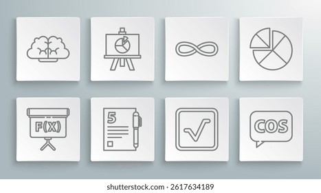 Set line Geometric figure Cube, XYZ Coordinate system, Open book, Tablet with calculator, Function mathematical symbol, Abacus and Graph, schedule, chart, diagram icon. Vector