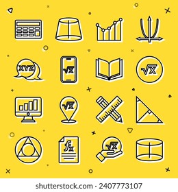 Set line Geometric figure Cylinder, Angle bisector of a triangle, Square root x glyph, Graph, schedule, chart, diagram, XYZ Coordinate system, Calculator and Open book icon. Vector