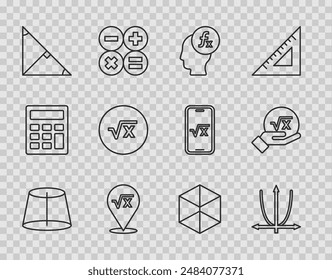 Set line Geometric figure, Graph, schedule, chart, diagram, Function mathematical symbol, Square root of x glyph, Angle bisector triangle, Cube and  icon. Vector