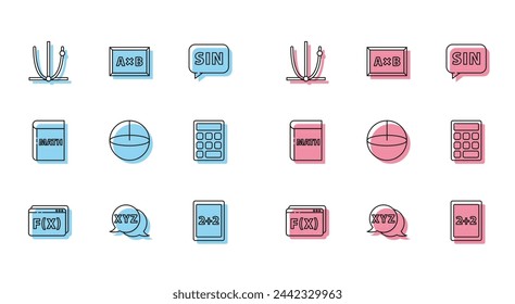 Set line Geometric figure Pentagonal prism, Calculator, Ringing bell, Calculation, Triangle math,  and  icon. Vector