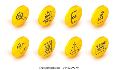 Set line Geometric figure Pentagonal prism, Graph, schedule, chart, diagram, Triangle math, Test or exam sheet, Chalkboard, Book with word mathematics, Calculator and Paper clip icon. Vector