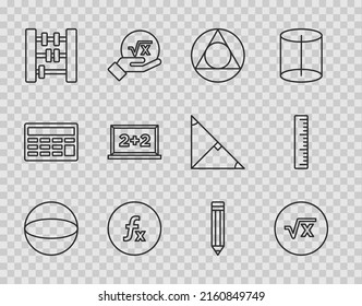 Set line Geometric figure Sphere, Square root of x glyph, Triangle math, Function mathematical symbol, Abacus, Chalkboard, Pencil and Ruler icon. Vector
