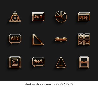 Set line Geometric figure Square, Graph, schedule, chart, diagram, Chalkboard, Calculation, Calendar, Feather and inkwell and Mobile calculator interface icon. Vector