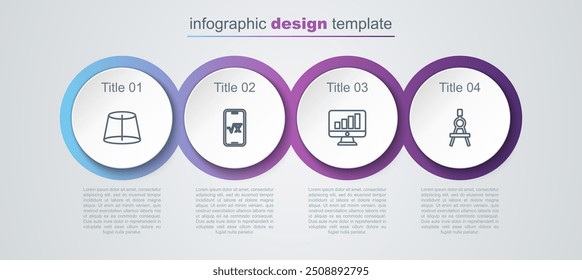 Definir figura geométrica de linha, raiz quadrada de x glifo, Monitor de computador com gráfico e bússola de desenho. Modelo de infográfico comercial. Vetor