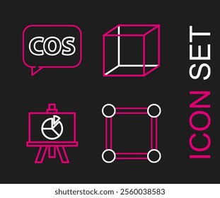 Set line Geometric figure Square, Chalkboard with diagram, Cube and Mathematics function cosine icon. Vector