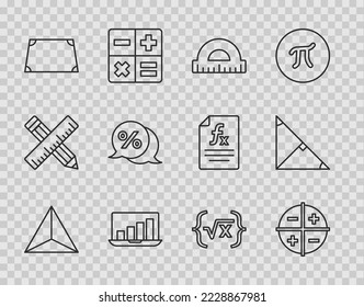 Set line Geometric figure Tetrahedron, Protractor, Laptop with graph chart, Acute trapezoid shape, Discount percent tag, Square root of x glyph and Angle bisector triangle icon. Vector