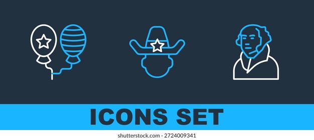 Setline George Washington, Ballons und Sheriff Cowboy Ikone. Vektorgrafik