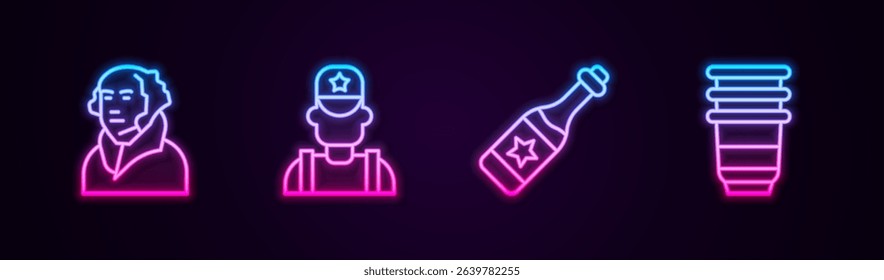 Set line George Washington, Sheriff cowboy, Champagne bottle and Paper glass. Glowing neon icon. Vector