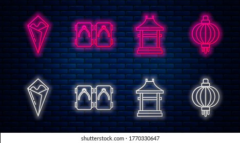 Set line Geta traditional Japanese shoes, Japan Gate, Temaki roll and Japanese paper lantern. Glowing neon icon on brick wall. Vector