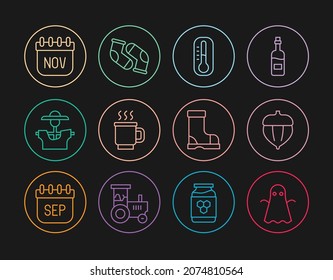 Fijar línea Ghost, Acorn, Thermometer, Copa de té, Scarecrow, Otoño del calendario de noviembre, Bota de goma impermeable e icono Socks. Vector
