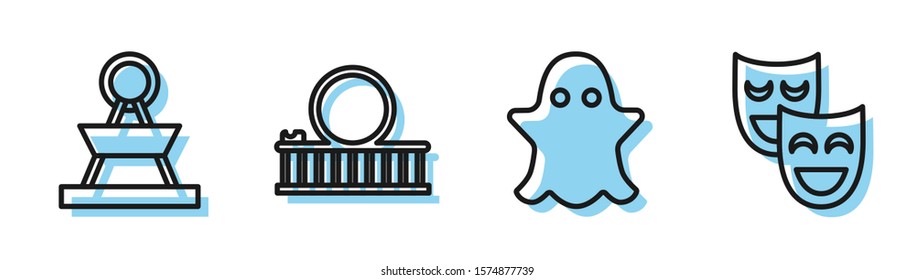 Set line Ghost, Attraction carousel, Roller coaster and Comedy theatrical masks icon. Vector