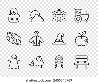 Set line Ghost, Bench, Spider, Hedgehog, Basket and food, Raincoat, Winter hat and Apple icon. Vector