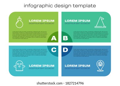 Set line Ghost, Bomb ready to explode, Pumpkin and Witch hat. Business infographic template. Vector