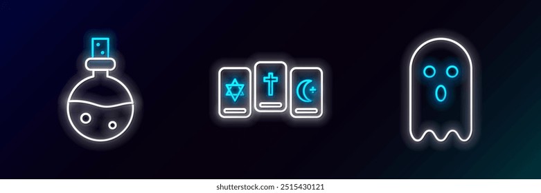 Set line Ghost, Bottle with love potion and Three tarot cards icon. Glowing neon. Vector