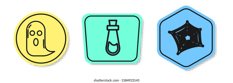 Set line Ghost , Bottle with potion  and Spider web . Colored shapes. Vector