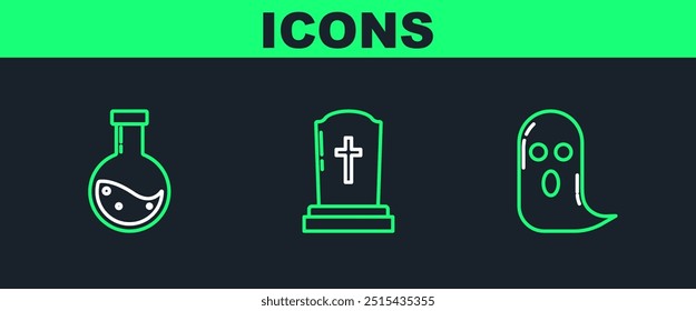 Set line Ghost, Bottle with potion and Tombstone cross icon. Vector