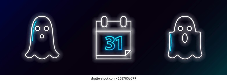 Set line Ghost,  and Calendar with Halloween date 31 october icon. Glowing neon. Vector