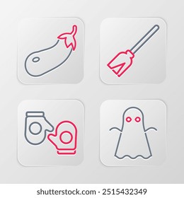 Set line Ghost, Christmas mitten, Handle broom and Eggplant icon. Vector