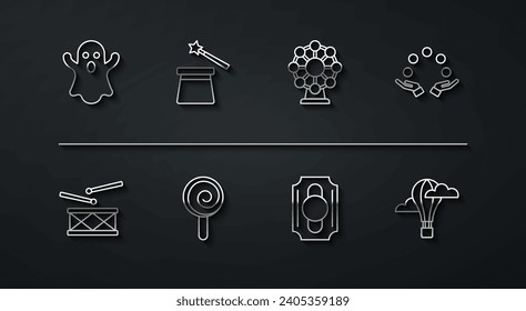 Set line Ghost, Drum with drum sticks, Juggling ball, Circus ticket, Lollipop, Magic hat and wand, Hot air balloon and Ferris wheel icon. Vector