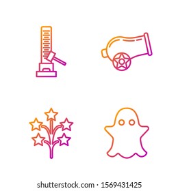 Set line Ghost, Fireworks, High striker attraction with big hammer and Cannon. Gradient color icons. Vector