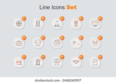 Set line Ghost, Flying bat, Shirt with skull, Tombstone RIP written, Boo speech bubble, Black cat, Moon and stars and Eye icon. Vector