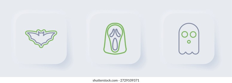 Set line Fantasma, máscara de fantasma divertida y aterradora e icono de murciélago volador. Vector