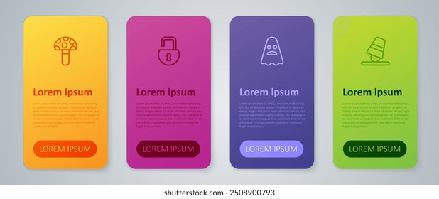 Set line Ghost, Game thimbles, Psilocybin mushroom and Open padlock. Business infographic template. Vector