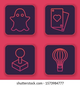 Set line Ghost, Joystick for arcade machine, Playing card and Hot air balloon. Blue square button. Vector