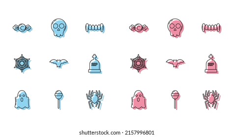 Set line Ghost, Lollipop, Candy, Spider, Flying bat, Tombstone with RIP, web and Skull icon. Vector