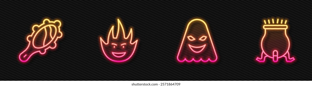 Set line Ghost, Magic hand mirror, Fire flame and Witch cauldron. Glowing neon icon. Vector