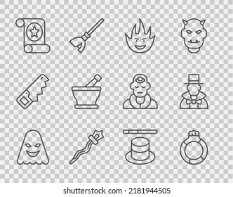 Set line Ghost, Magic stone ring with gem, Fire flame, staff, scroll, Mortar and pestle, hat wand and Magician icon. Vector