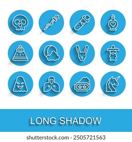 Set line Ghost, Mantle, cloak, cape, Skull, Ticket, Unicorn, Moon and stars, Wizard warlock and Rabbit with ears icon. Vector