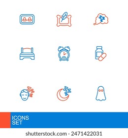 Set line Ghost, Moon and stars, Dreams, Sleeping pill, Big bed, Alarm clock, Sleepy and Pillow icon. Vector