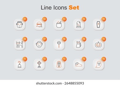 Set line Fantasma, Lua e estrelas, Máscara fantasma assustadora engraçado, Tombstone com cruz, gancho pirata, abóbora, gato preto e ícone de pirulito. Vetor