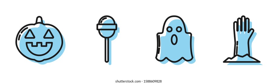 Set line Ghost , Pumpkin , Lollipop  and Zombie hand  icon. Vector