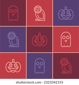 Set line Ghost, Pumpkin and Owl bird icon. Vector