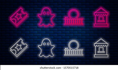 Set line Ghost, Roller coaster, Ticket and Ticket box office. Glowing neon icon on brick wall. Vector