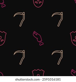 Set line Ghost, Scythe and Zombie finger on seamless pattern. Vector