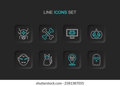 Set line Ghost, Skull, Black cat, Vampire, Pumpkin, Happy Halloween holiday, Crossed bones and Spider icon. Vector