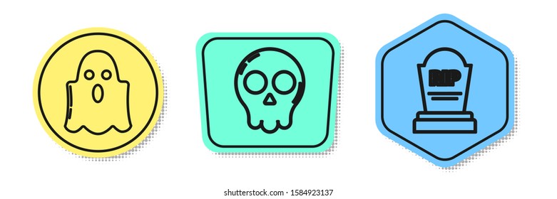 Set line Ghost , Skull  and Tombstone with RIP. Colored shapes. Vector