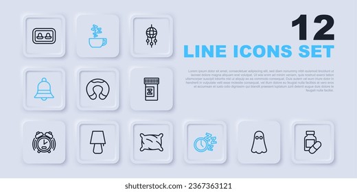 Set line Ghost, Sleeping pill, Travel neck pillow, Alarm clock, Ringing bell, Table lamp, Chamomile tea and Pillow icon. Vector